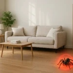 Modern living room with a spider marked in red on the wooden floor, illustrating how to control spiders in the home through awareness and prevention.