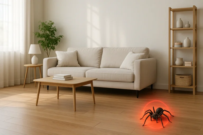 Modern living room with a spider marked in red on the wooden floor, illustrating how to control spiders in the home through awareness and prevention.