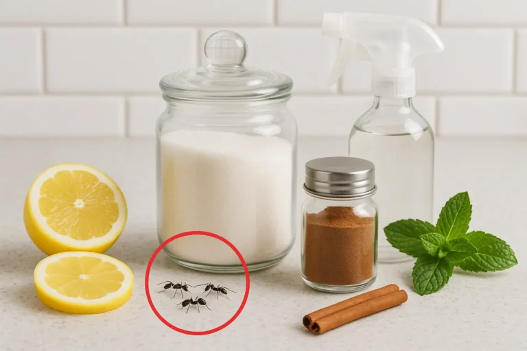 Glass jars of sugar and cinnamon, lemon slices, mint leaves, and vinegar spray with ants nearby, showing natural ways on how to prevent ants in your house.