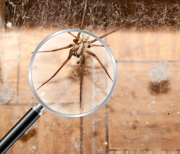 Spider inspection technique using magnifying glass for proper pest identification