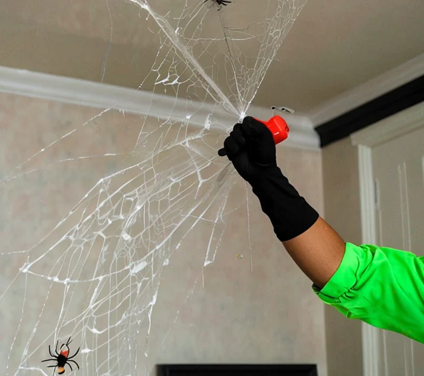 Professional performing complete spider treatment by removing webs from ceiling corner