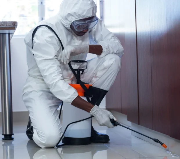 Technician in hazmat suit conducting complete flea treatment using professional grade spray system