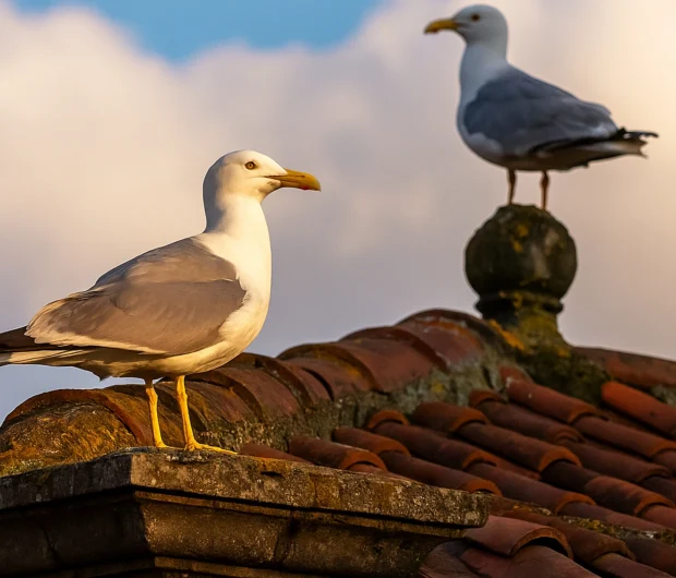 Seagulls on clay roof tiles demonstrating need for thorough bird inspection services