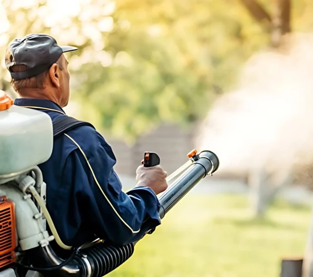 Pest control expert performing mosquito treatment using specialized sprayer
