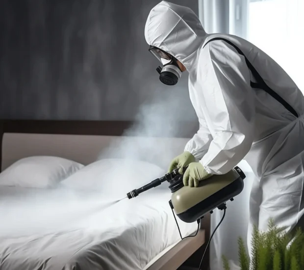 Professional bed bug treatment specialist in protective suit spraying pesticide on white bedroom mattres