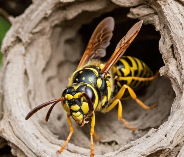 Yellow and black wasp emerging from wooden nest requiring professional wasp infestation removal