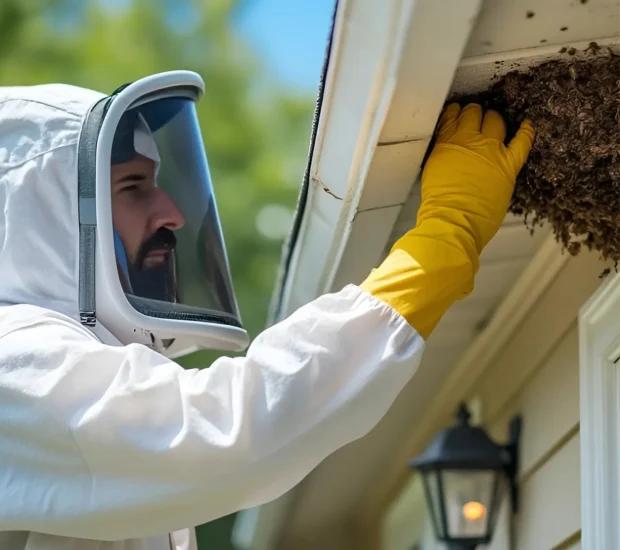 Professional wasp treatment specialist in protective suit removing nest from house exterior eaves