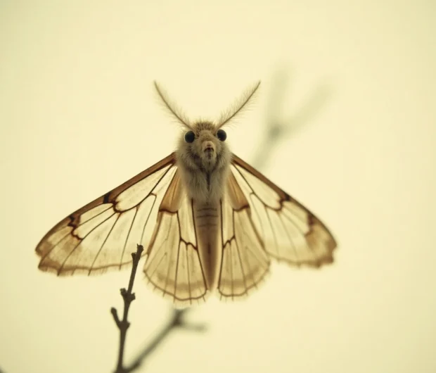 Brown moth with feathery antennae perched on branch, a common pest requiring clothes moth removal