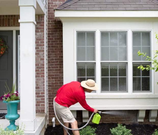 Pest control technician applying property pest control solutions around home exterior