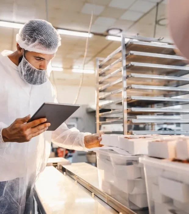 A worker in Melbourne inspects food packaging using a tablet, showcasing Food Industry Pest Solutions in a clean facility.