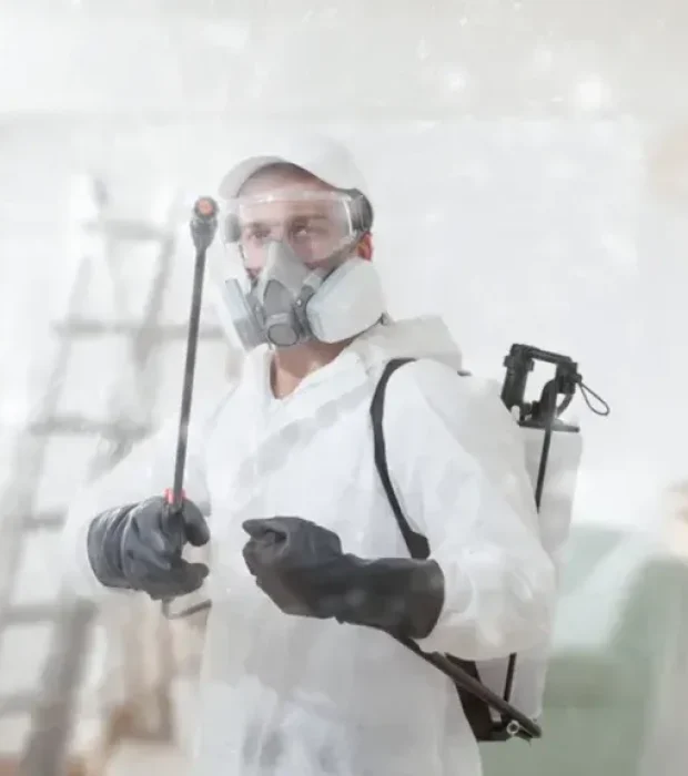 Technician performing pest infestation removal in educational facility to ensure a safe and healthy learning environment.